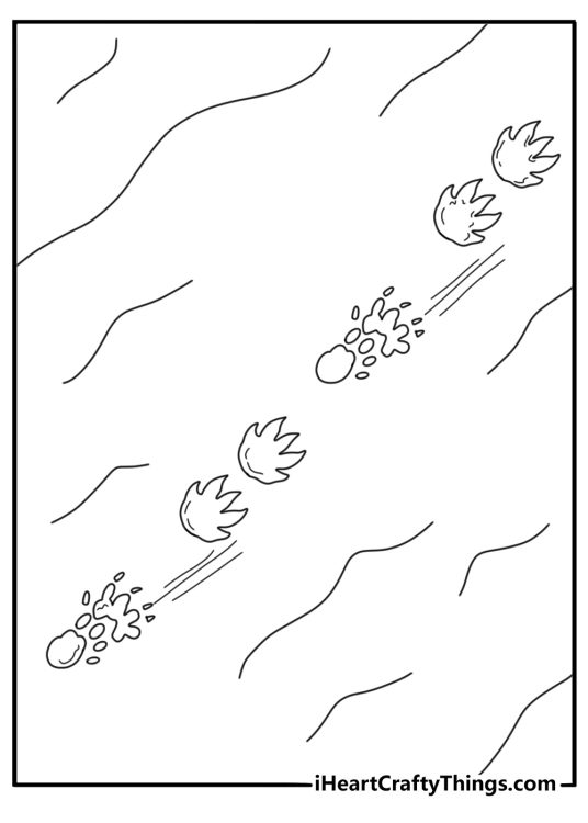 Hedgehog footprint trail in snow leading to a burrow winter coloring page