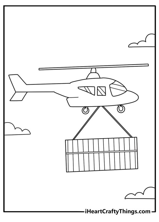 Helicopter coloring page for kids with a transport helicopter carrying cargo below
