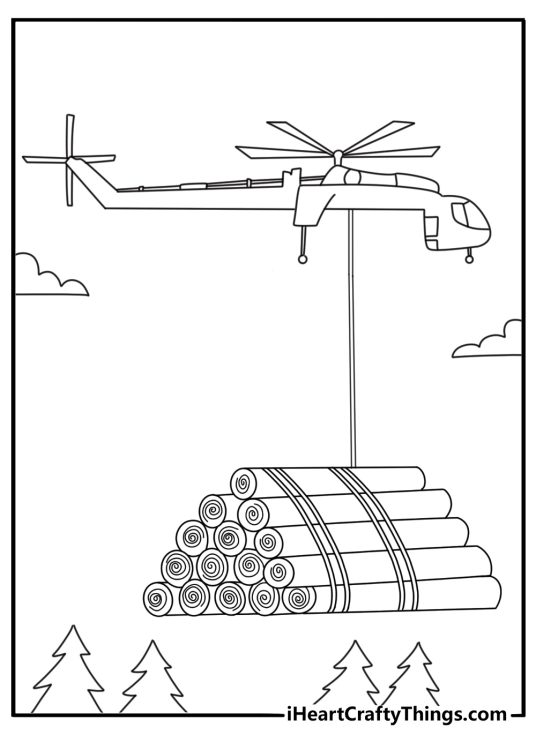 Helicopter coloring page with a heavy lift helicopter carrying logs in a forest