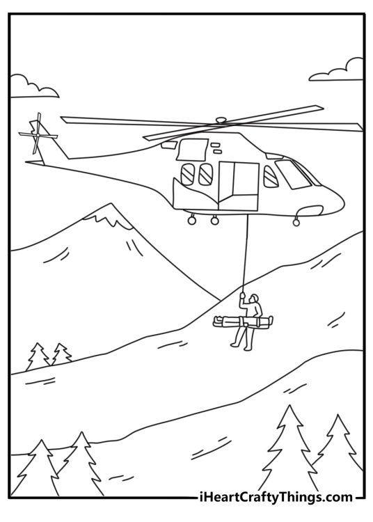 Helicopter coloring page with a mountain rescue helicopter near snowy peaks