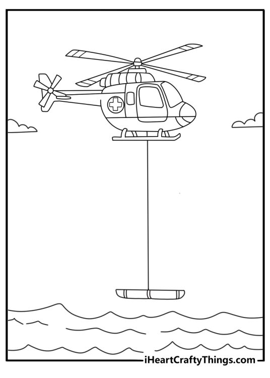 Helicopter coloring page with a rescue helicopter lowering a stretcher over the sea
