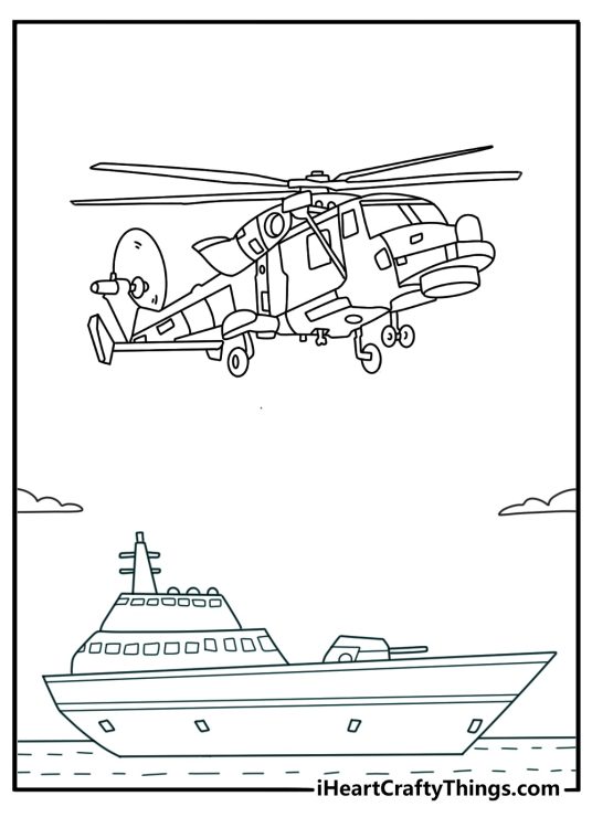 Helicopter coloring page with a submarine hunter helicopter over navy ships