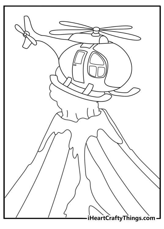 Helicopter coloring page with an observation helicopter above a volcano crater