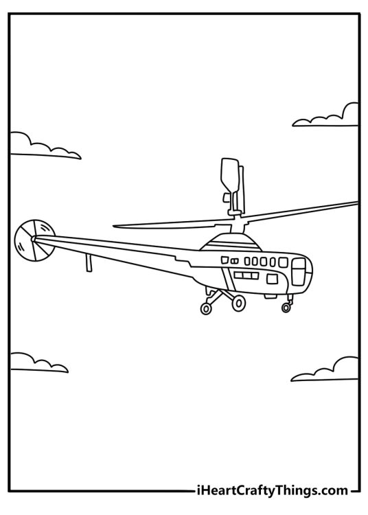 Helicopter coloring pages for kids with an insect shaped helicopter in the sky