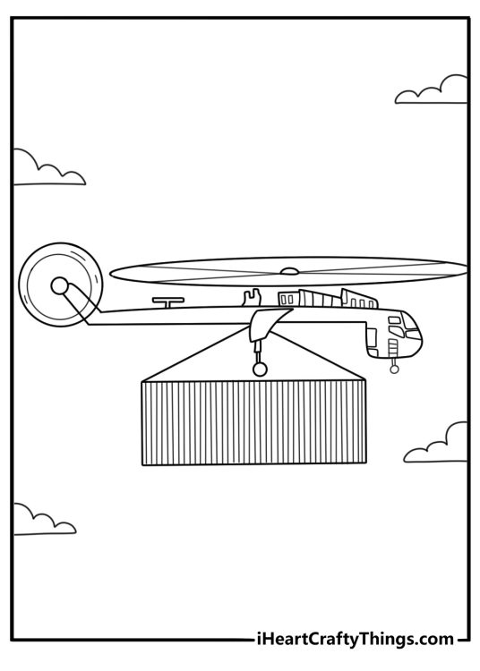 Helicopter coloring pages scene with a cargo helicopter above shipping containers
