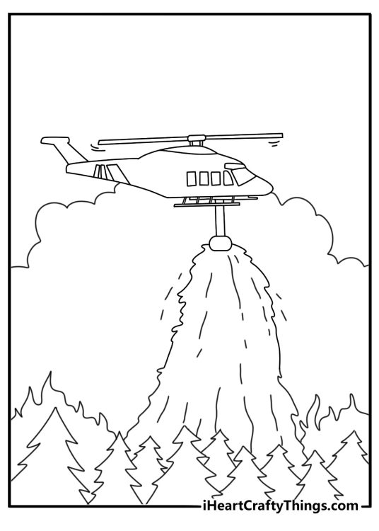 Helicopter coloring pages scene with a firefighter helicopter dropping water on forest trees