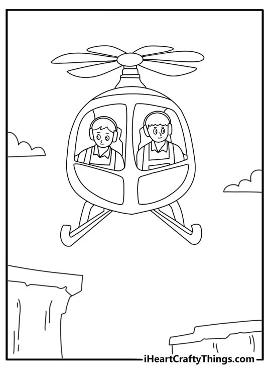 Helicopter coloring pages with a sightseeing helicopter flying past cliffs