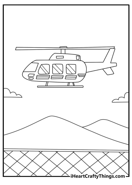 Helicopter coloring sheet with a border patrol helicopter above a fence line