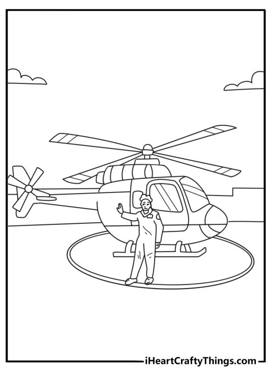 Helicopter coloring sheet with a pilot checking the rotor beside the aircraft