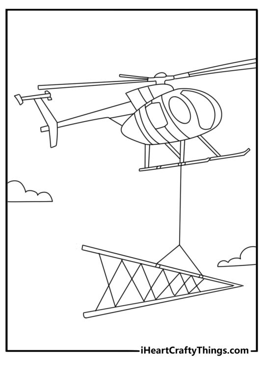 Helicopter coloring sheet with a utility helicopter lifting power line equipment