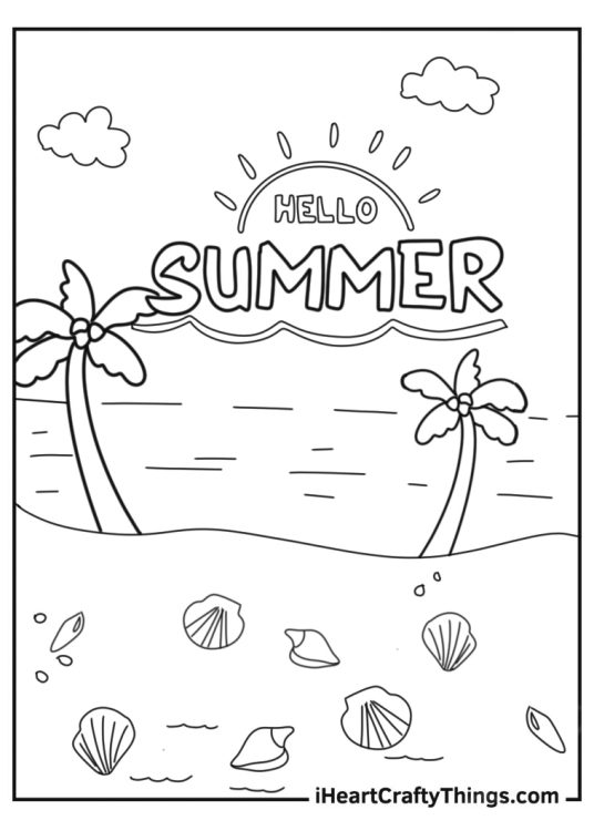 Hello Summer At The Beach Coloring Page With Seashells