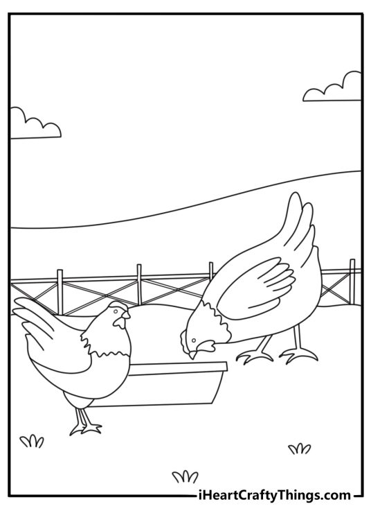Hen pecking corn beside feeder coloring sheet for kids