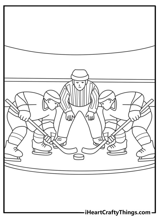 Hockey coloring page featuring players lined up for the opening faceoff