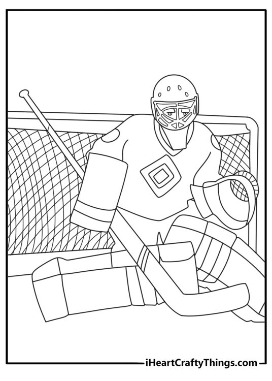 Hockey coloring page showing a goalie blocking a puck at the net