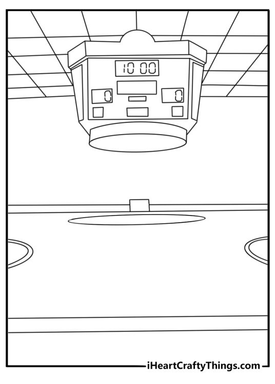 Hockey coloring pages scene featuring a scoreboard above center ice