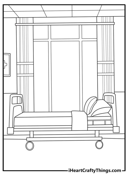 Hospital room bed and window with sunshine advanced coloring page for adults