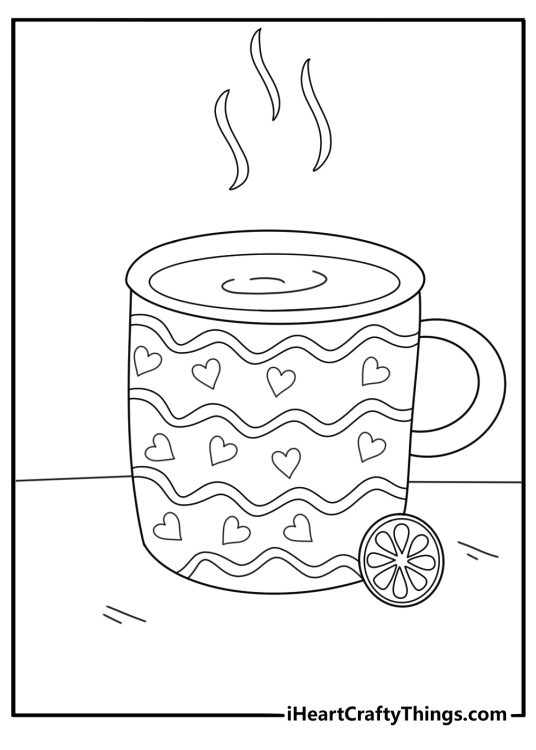 Hot tea mug with steam and lemon easy coloring printable