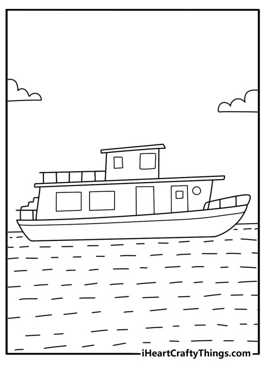 Houseboat on river with windows and small stairs printable coloring page