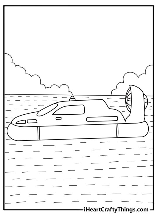 Hovercraft boat with skirt base moving over water and land coloring sheet