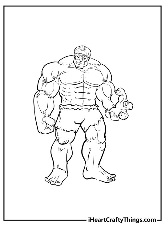 Printable coloring sheet of a calm Hulk with his left hand outstretched like is holding something