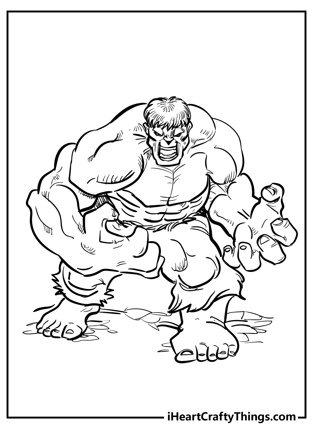 Detailed coloring sheet for adults featuring aggressive Hulk roaring with rage