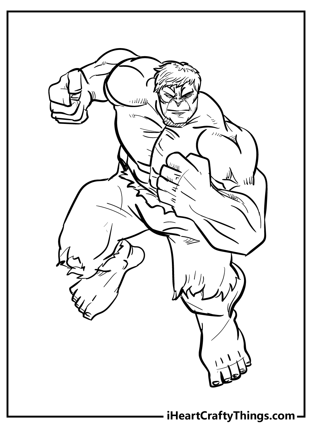 Black-and-white printable of a Hulk in a pose about to land after a leap into the air