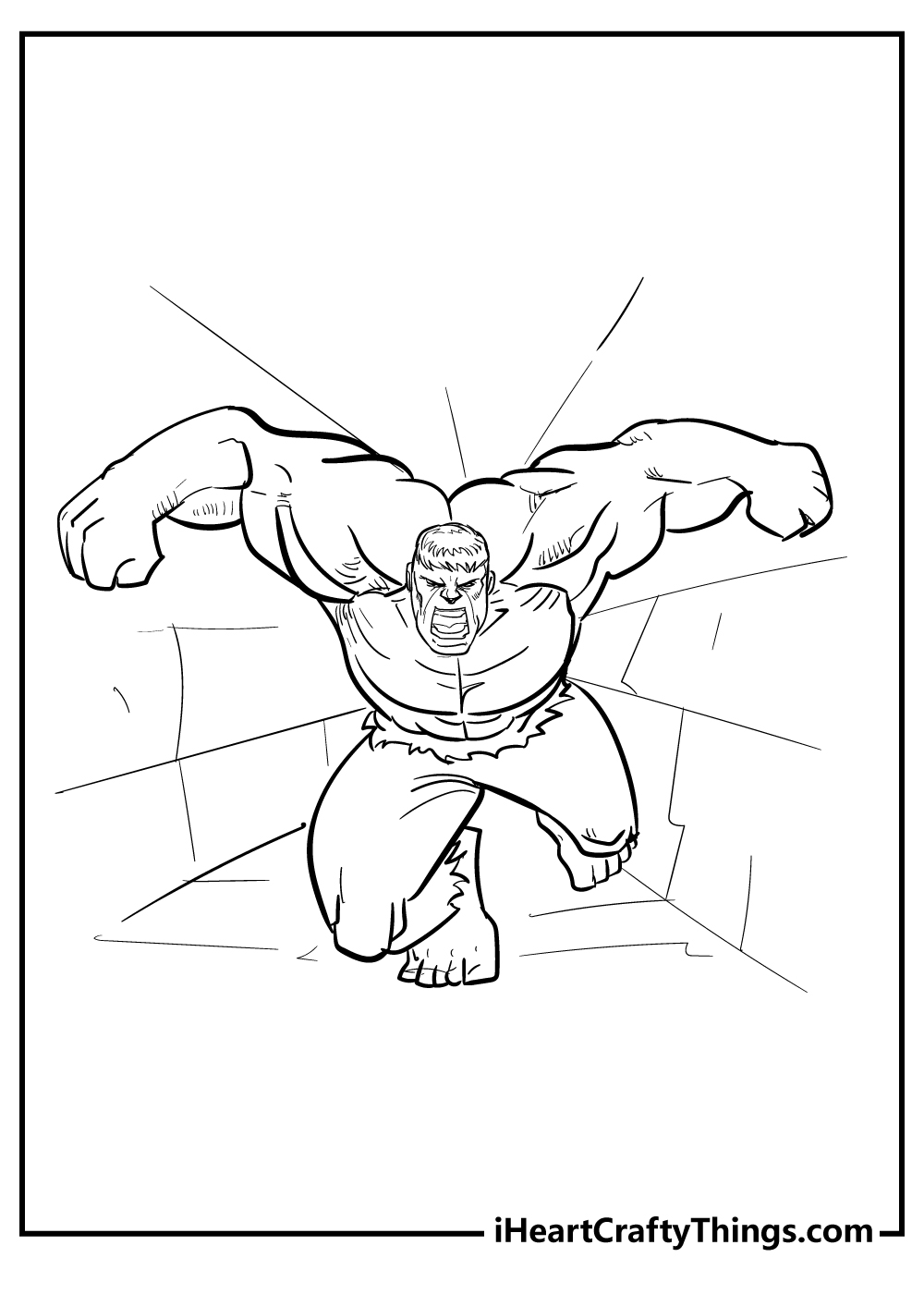 Free printable page featuring an angry Hulk running in a tunnel with ferocity