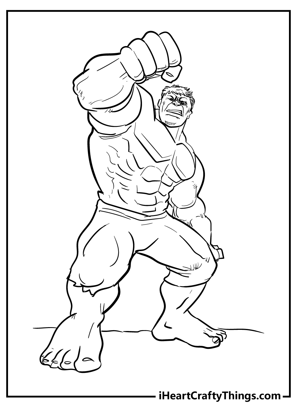 Free coloring printable for adults featuring Hulk landing a devastating punch with his right hand