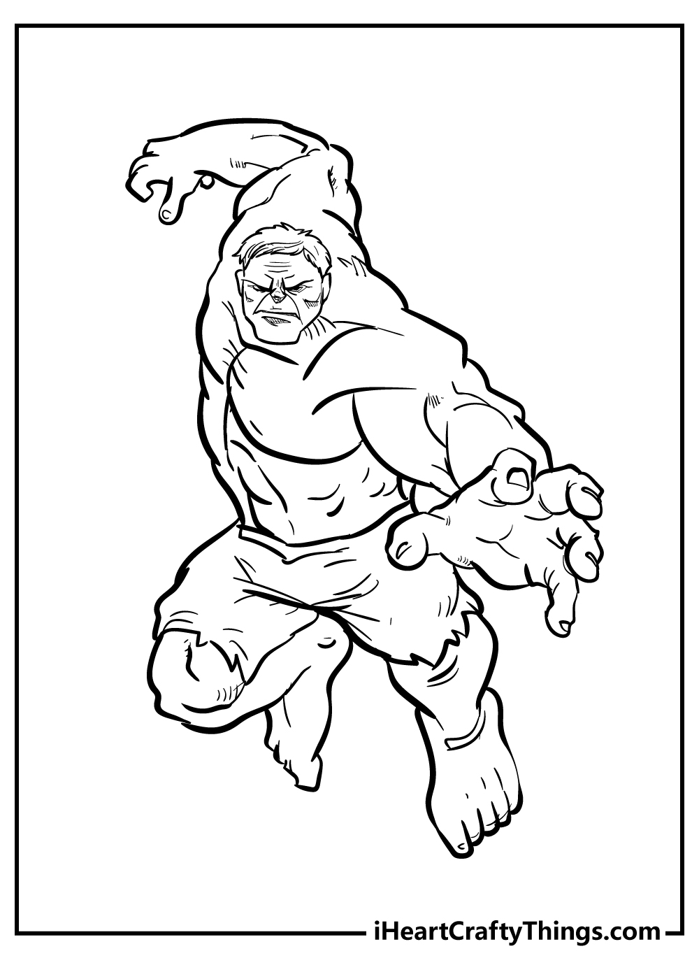 Free coloring page for adults of a Hulk reaching out for something while jumping