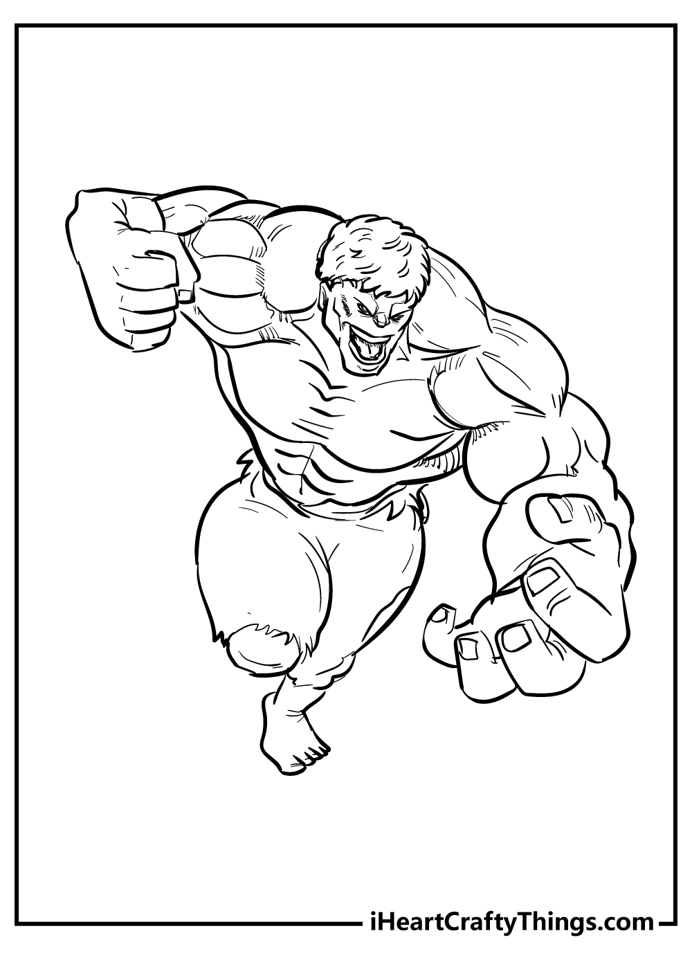 Free coloring sheet featuring Hulk in a motion with an animalistic fury on his face