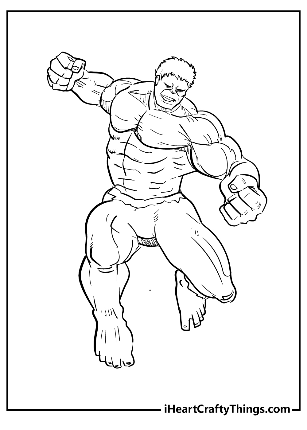 Coloring sheet for children featuring angry Hulk in a motion about to land a punch