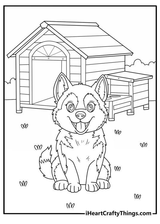 Husky coloring page showing a puppy beside a wooden doghouse