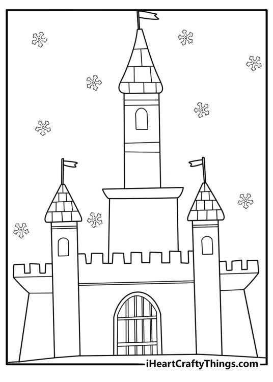 Ice crystal palace with tall spires and snowflakes Castle coloring pages coloring page