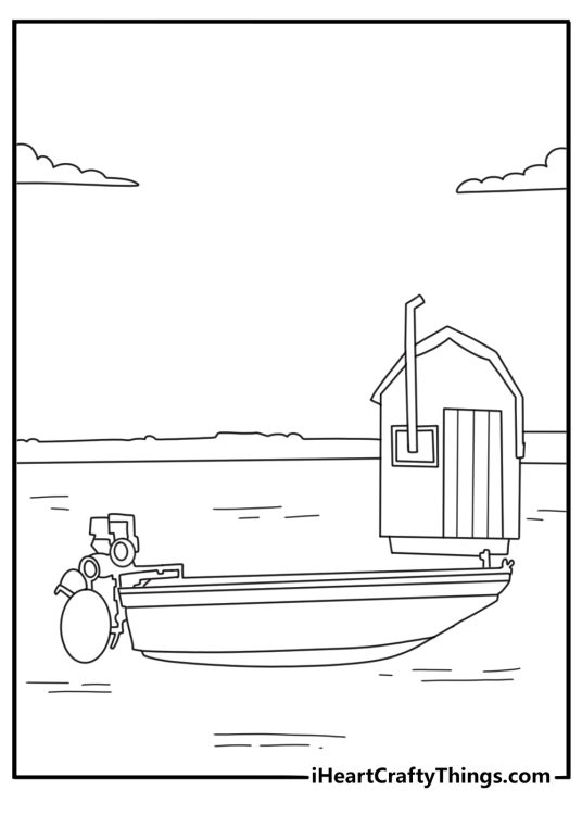 Ice fishing boat with small shelter on frozen lake printable coloring page