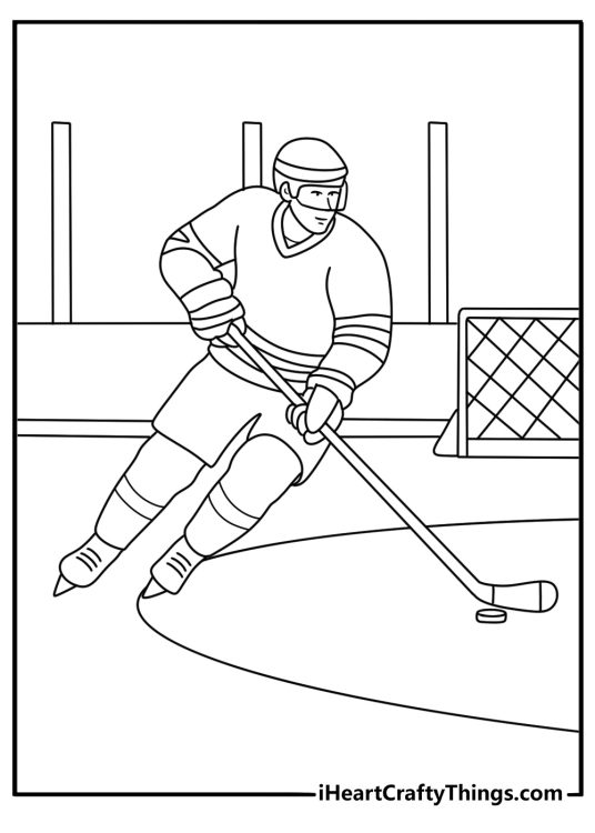 Ice hockey coloring page showing a center passing the puck across the rink