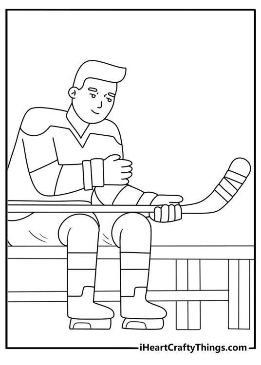 Ice hockey coloring sheet showing a player resting on the team bench
