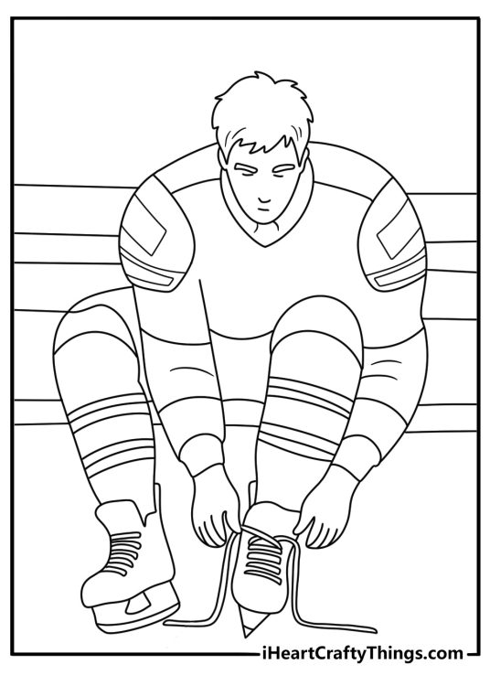 Ice hockey printable showing a player tying skates in the locker room