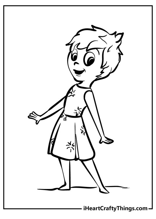 Inside Out coloring page featuring the main character of the movie Joy posing in her signature dress