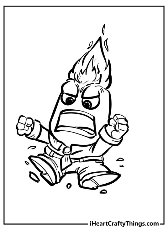 Inside Out coloring sheet for children capturing character Anger with flames on his head