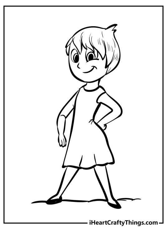 Coloring picture for kids presenting Inside Out character Joy in a dress without any pattern