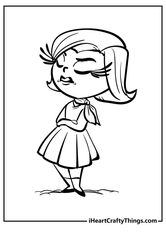 Coloring sheet presenting Inside Out character Disgust with clear background behind her