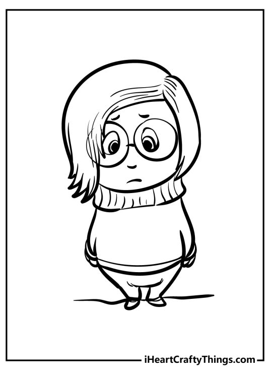 Inside Out coloring printable featuring character Sadness with his signature round glasses