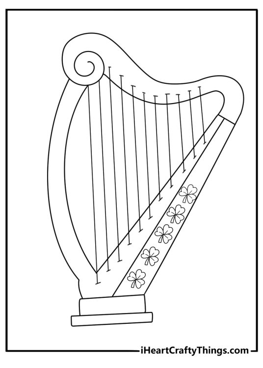 Irish harp with shamrock vines printable coloring page