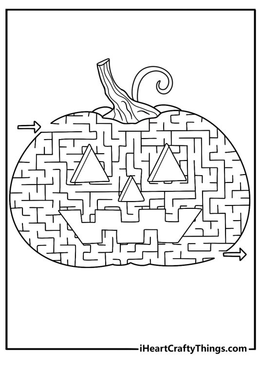 Jac O Lantern maze coloring sheet simple path inside the pumpkin for kids