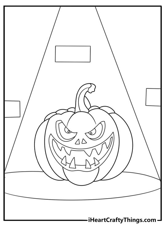 Jack O Lantern castle doorway coloring page with torchlight on stone walls