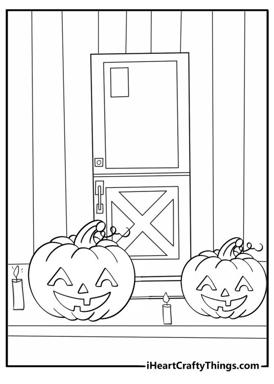 Jack O Lantern coloring page easy printable showing carved pumpkin on a porch step with candle glow