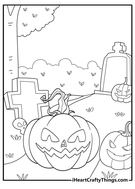 Jack O Lantern in moonlit graveyard coloring page with old iron gate and tall grass