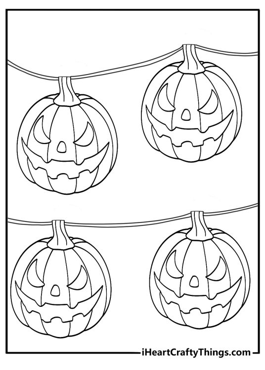 Jack O Lantern lanterns string coloring page showing hanging pumpkins as lights