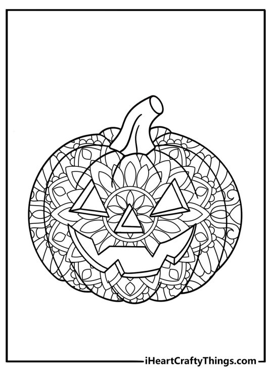 Jack O Lantern mandala coloring page detailed geometric lines for adults