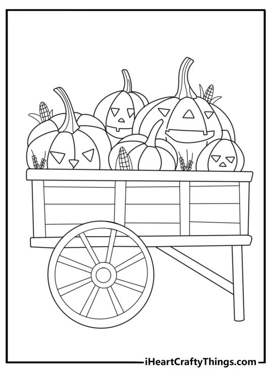 Jack O Lantern on wooden cart coloring sheet with harvest com and wheat
